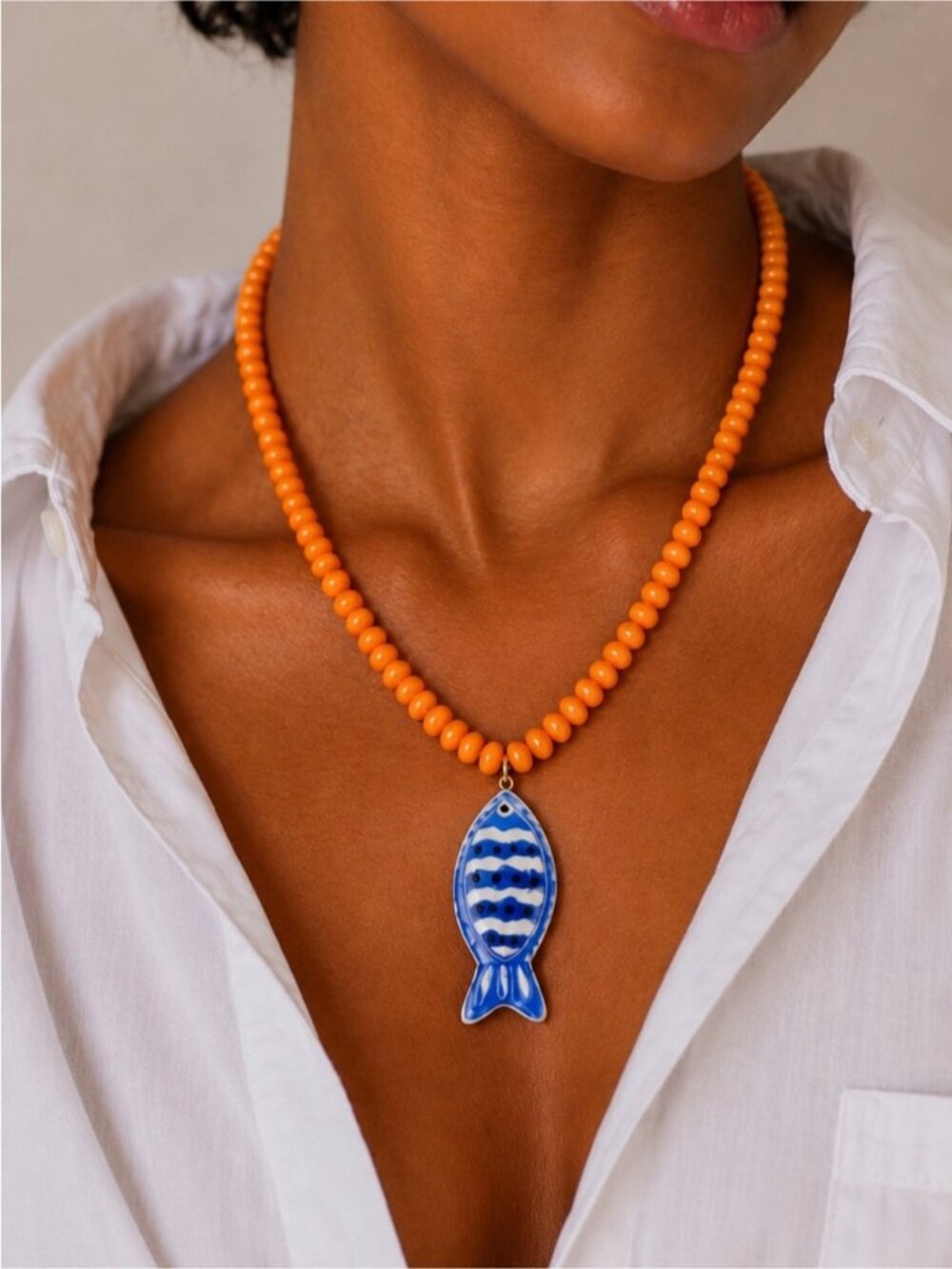New! Coastal Colorful Orange Beaded Blue Fish Necklace NWOT